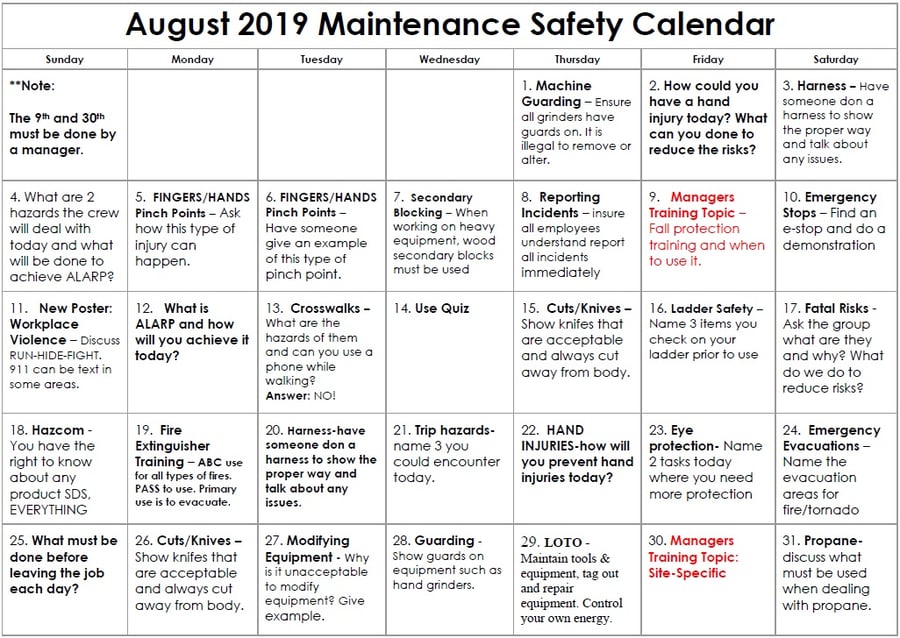 August 2019 Maintenance Safety Calendar August 2019 Maintenance Safety Calendar